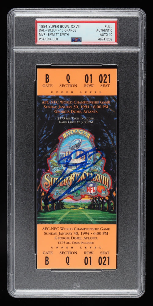 Emmitt Smith Signed 1994 NFL Super Bowl XXVIII Ticket - Autograph Graded PSA 10