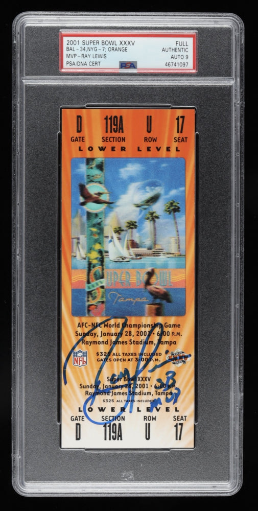 Ray Lewis Signed 2001 NFL Super Bowl XXXV Ticket Inscribed "SB MVP" - Autograph Graded PSA 9