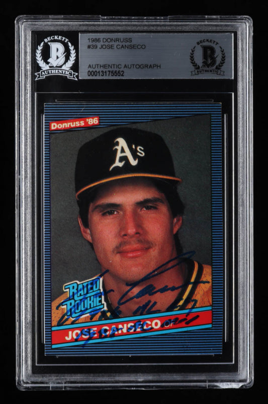 Jose Canseco Signed 1986 Donruss #39 Inscribed "1986 AL ROY" & "1986 AL MVP" (BGS) Rookie Card