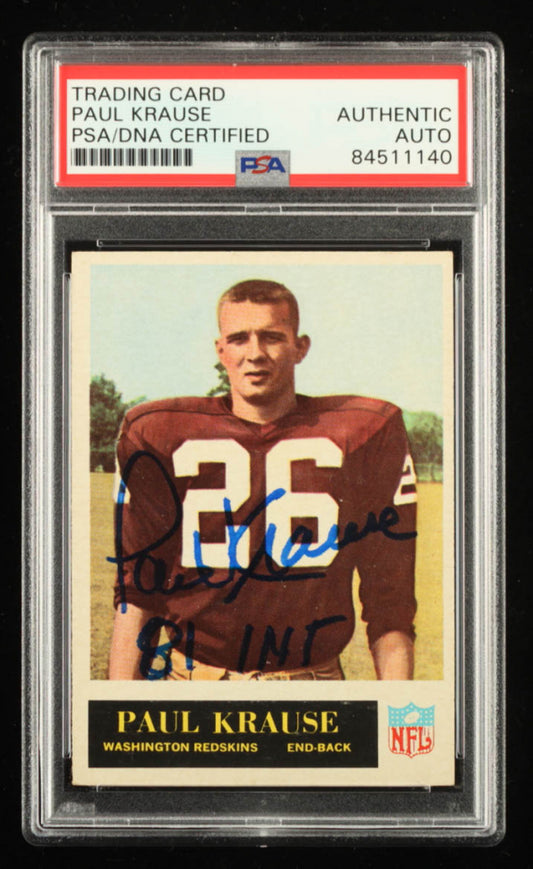 Paul Krause Signed 1965 Philadelphia #189 - Inscribed "81 INT" (PSA) Rookie Card
