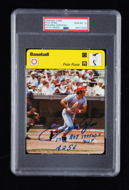 Pete Rose Signed 1977-79 Sportscaster Series 8 #804 Inscribed "1963 ROY", "1975 WS MVP" & "4256" - Autograph Graded (PSA) 10