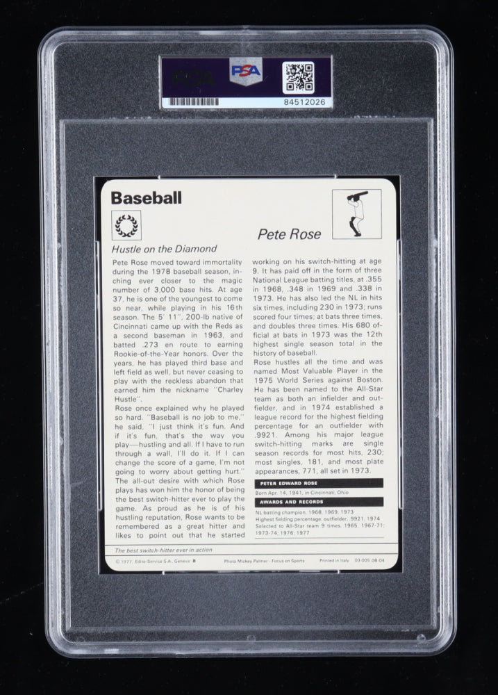 Pete Rose Signed 1977-79 Sportscaster Series 8 #804 Inscribed "1963 ROY", "1975 WS MVP" & "4256" - Autograph Graded (PSA) 10