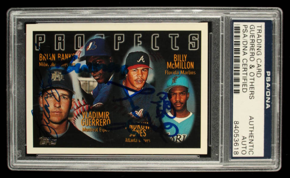 Topps 1996 #435 RC Signed (PSA) by (4) with Andruw Jones, Vladimir Guerrero, Billy McKinnon & Brian Banks