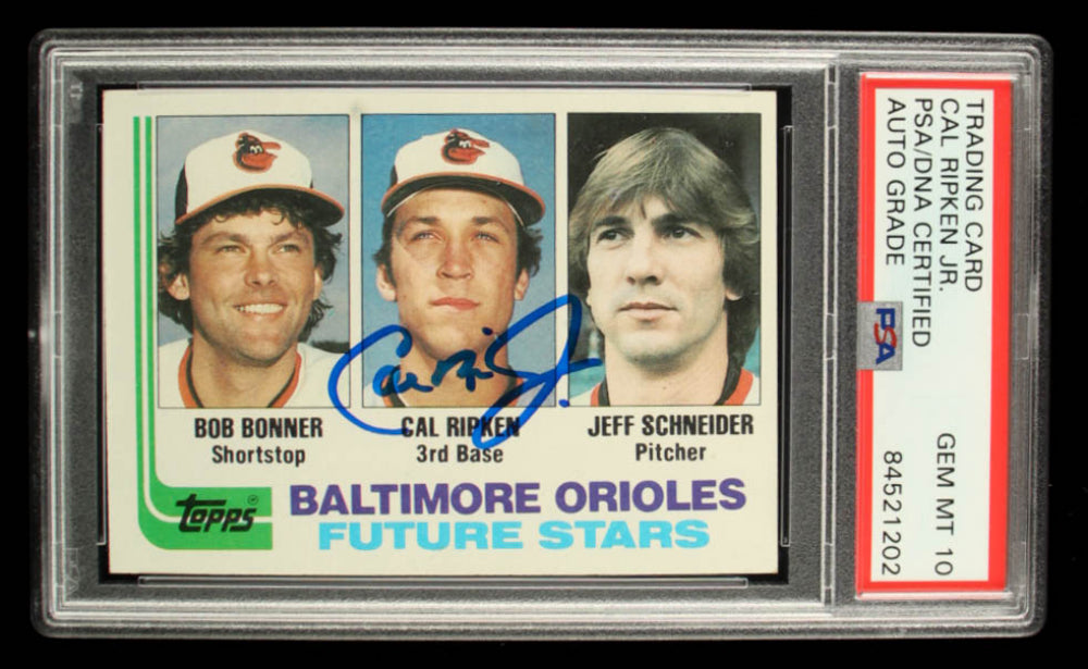 Cal Ripken Jr. Signed Bob Bonner / Cal Ripken / Jeff Schneider 1982 Topps #21 (PSA & Fanatics) Rookie Card - Autograph Graded PSA 10