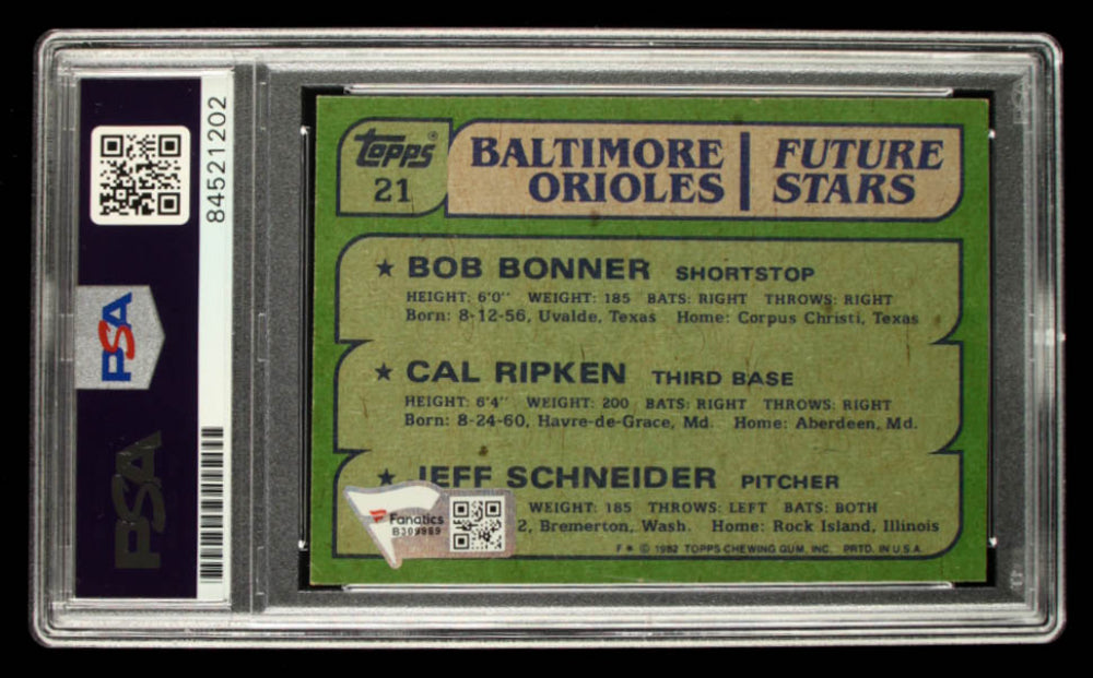 Cal Ripken Jr. Signed Bob Bonner / Cal Ripken / Jeff Schneider 1982 Topps #21 (PSA & Fanatics) Rookie Card - Autograph Graded PSA 10