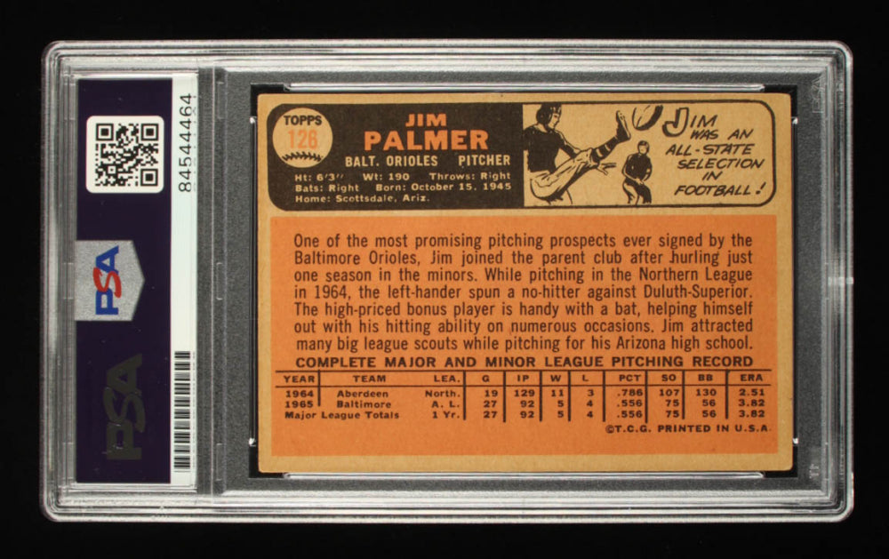 Jim Palmer Signed 1966 Topps #126  Rookie Card - Autograph Graded (PSA) 8