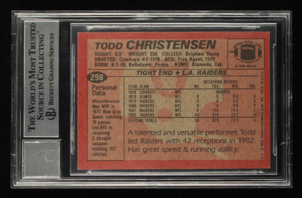 Todd Christensen Signed 1983 Topps #298 Inscribed "XV, XVII"  Rookie Card - Autograph Graded Beckett 10