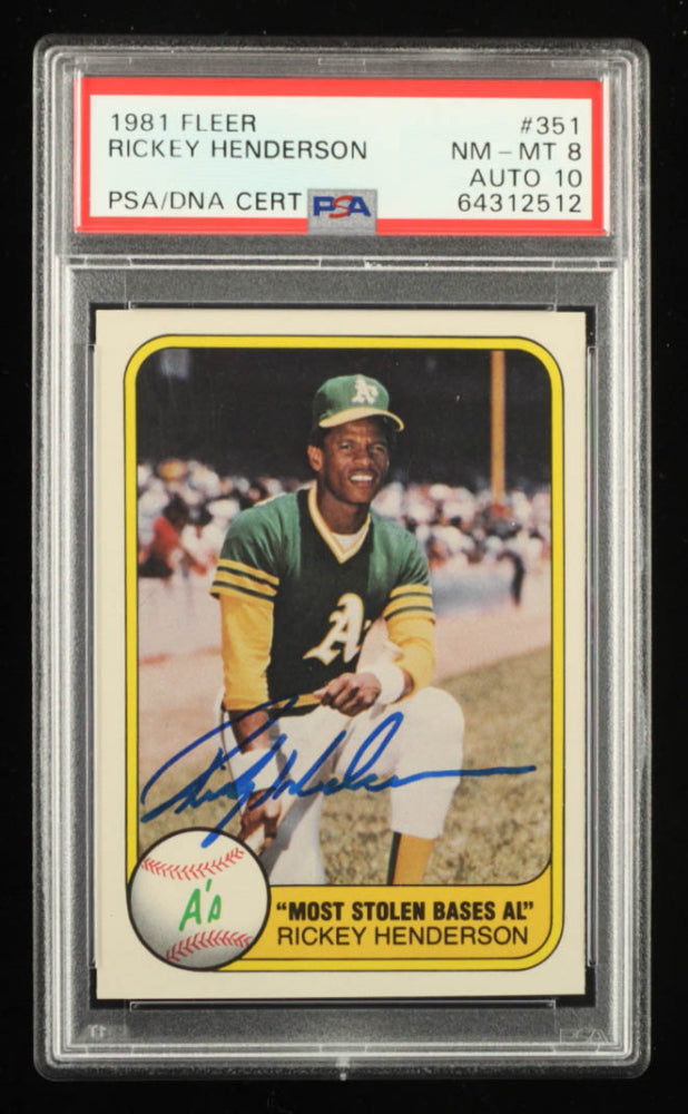 Rickey Henderson Signed 1981 Fleer #351 Most Stolen Bases AL - Card Grade (PSA) 8 / Autograph Graded (PSA) 10