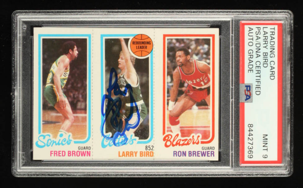 Larry Bird Signed Fred Brown / Larry Bird / Ron Brewer 1980-81 Topps #165 Rookie Card | Autograph Graded PSA 9