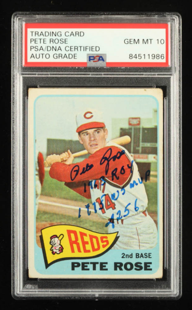 Pete Rose Signed 1965 Topps #207 Inscribed "1963 ROY", "1975 WS MVP" & "4256" (PSA) Autograph Graded (PSA) 10