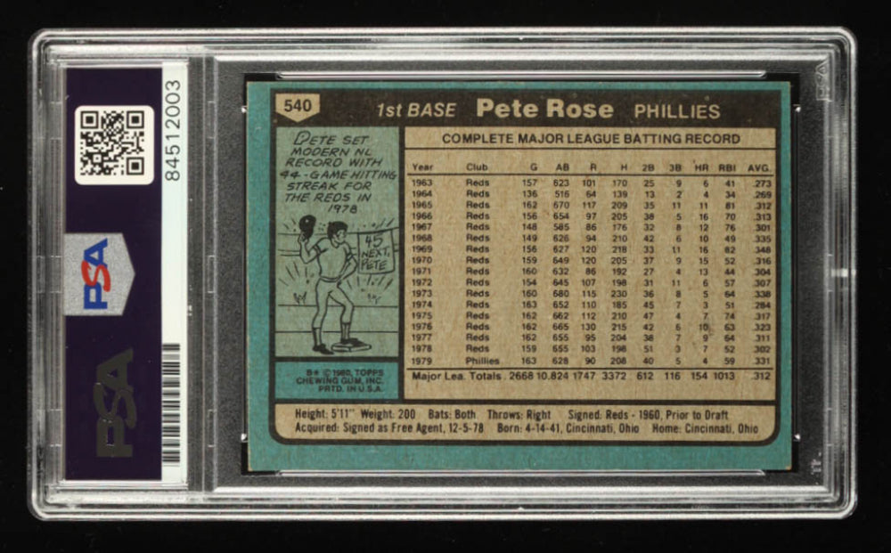 Pete Rose Signed 1980 Topps #540 Inscribed "4256" Autograph Graded PSA 10