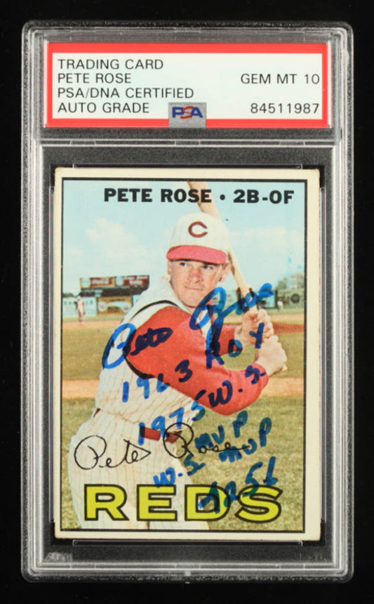 Pete Rose Signed 1967 Topps #430 Inscribed "1963 ROY", "1975 W.S. MVP", "W.S. MVP" & "4256" Autograph Graded (PSA) 10