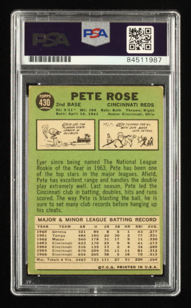 Pete Rose Signed 1967 Topps #430 Inscribed "1963 ROY", "1975 W.S. MVP", "W.S. MVP" & "4256" Autograph Graded (PSA) 10