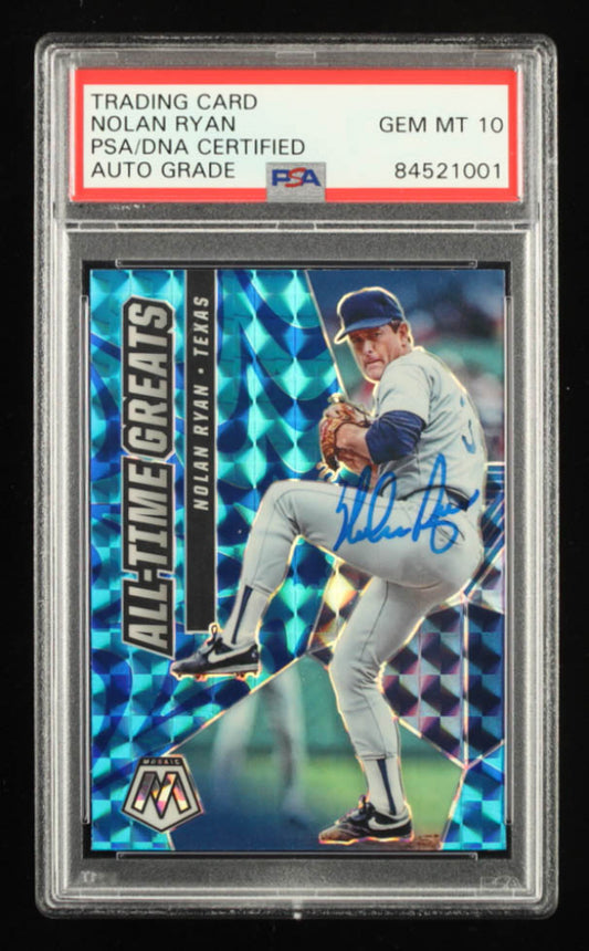 Nolan Ryan Signed 2021 Panini Mosaic All-Time Greats Mosaic Reactive Blue #9  Autograph Graded (PSA) 10