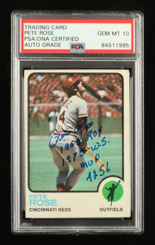 Pete Rose Signed 1973 Topps #130 with Multiple Inscriptions - Autograph Graded (PSA) 10