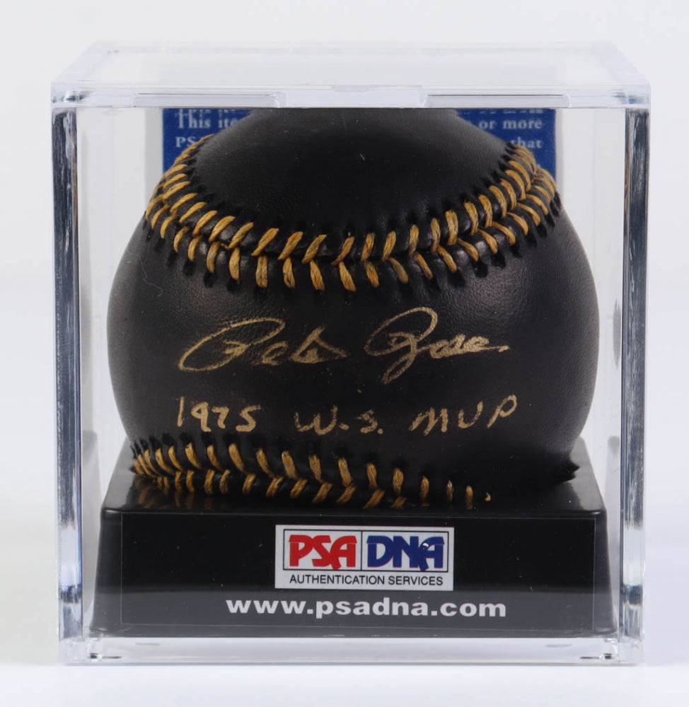 Pete Rose Signed OML Black Leather Baseball with Display Case Inscribed "1975 W.S. MVP" (PSA) Overall Grade 10 / Autograph Grade 10 / Baseball Grade 10