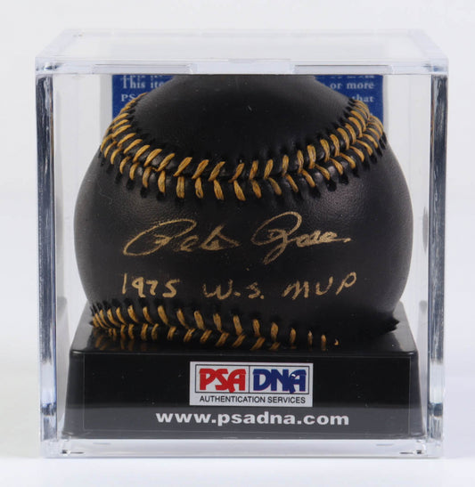 Pete Rose Signed OML Black Leather Baseball with Display Case Inscribed "1975 W.S. MVP" (PSA) Overall Grade 10 / Autograph Grade 10 / Baseball Grade 10