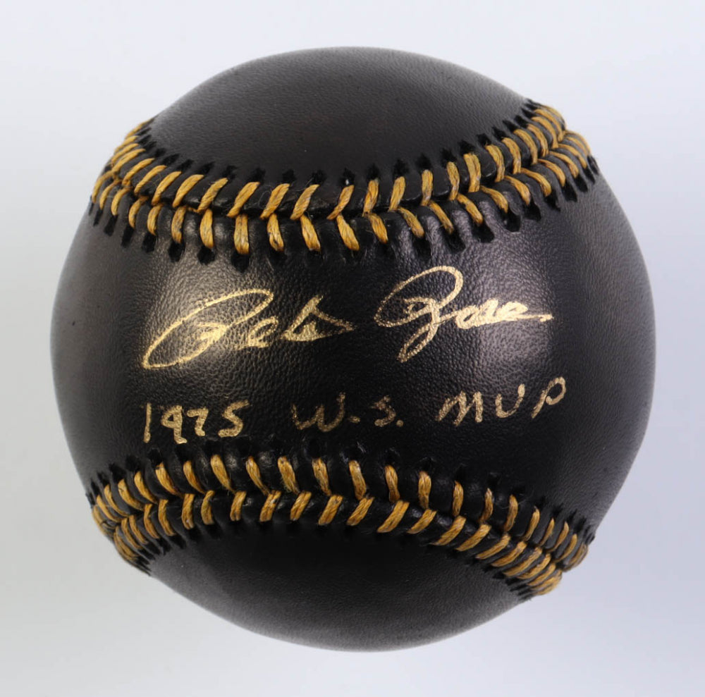 Pete Rose Signed OML Black Leather Baseball with Display Case Inscribed "1975 W.S. MVP" (PSA) Overall Grade 10 / Autograph Grade 10 / Baseball Grade 10