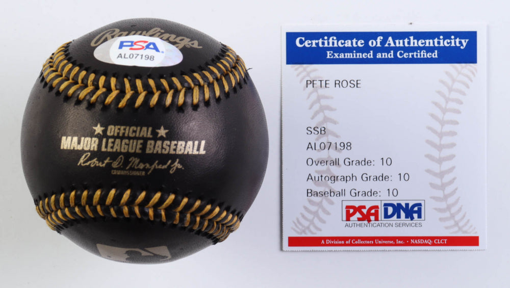 Pete Rose Signed OML Black Leather Baseball with Display Case Inscribed "1975 W.S. MVP" (PSA) Overall Grade 10 / Autograph Grade 10 / Baseball Grade 10