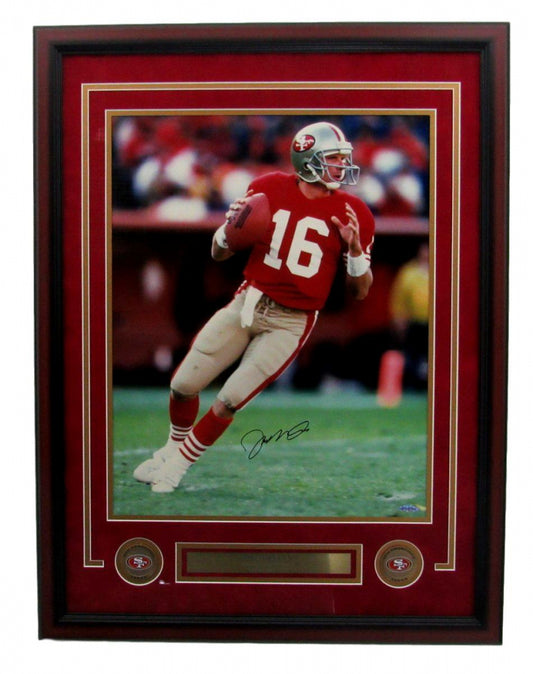 Joe Montana Signed (UDA) 49ers 22x29 Custom Framed Photo Display