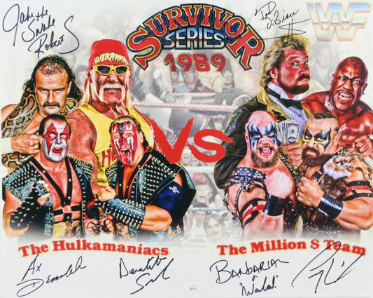 WWE 1989 Survivor Series 16x20 Photo Signed (JSA) by (6) Jake "The Snake" Roberts, The Barbarian, Ax, The Warlord, Ted DiBiase & Tommy "Tiny" Lister