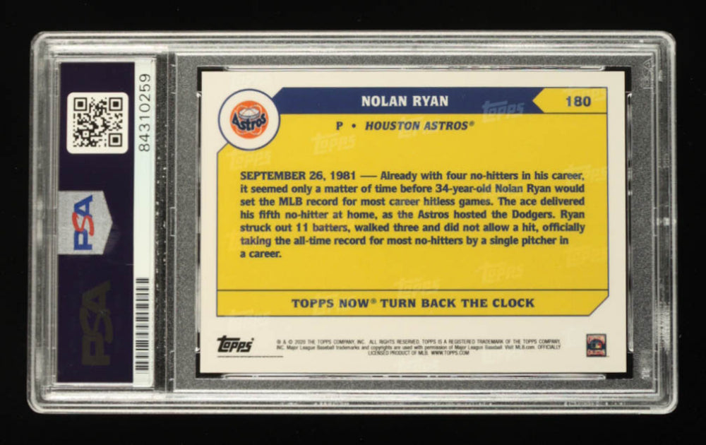 Nolan Ryan Signed 2020 Topps Now Turn Back the Clock #180 Autograph Graded (PSA) 10