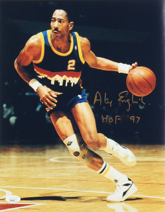 Alex English Signed (JSA) Nuggets 11x14 Photo Inscribed "HOF 97"