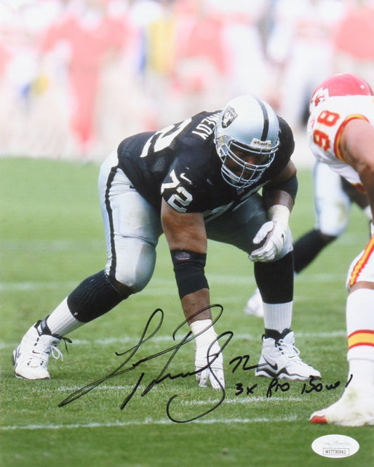 Lincoln Kennedy Signed (JSA) Raiders 8x10 Photo Inscribed "3x Pro Bowl" (JSA)