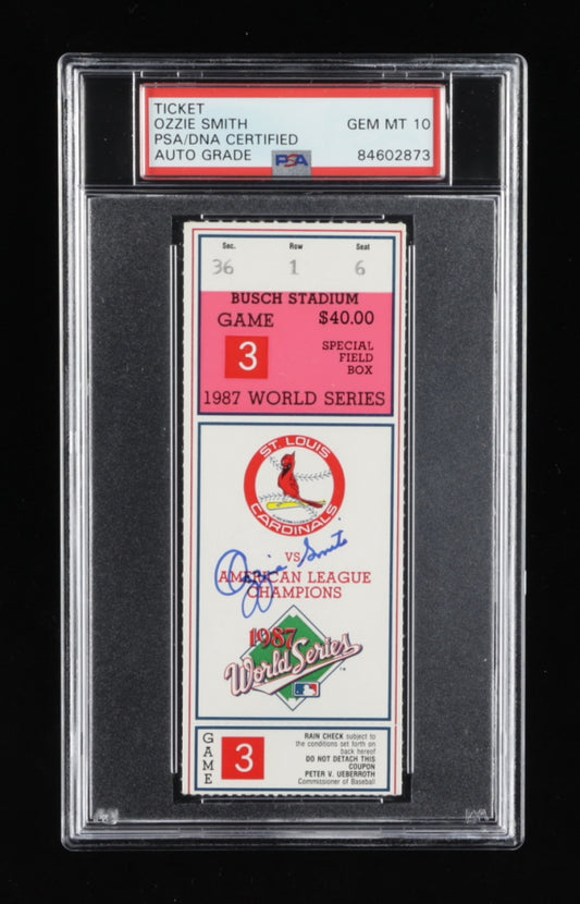 Ozzie Smith Signed 1987 World Series Game 3 Ticket - Autograph Graded (PSA) 10
