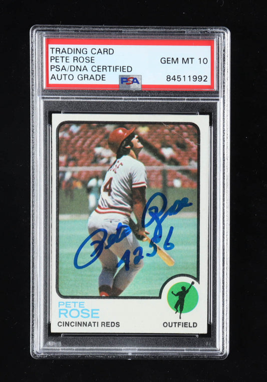 Pete Rose Signed 1973 Topps #130 Inscribed "4256" - Autograph Graded (PSA) 10