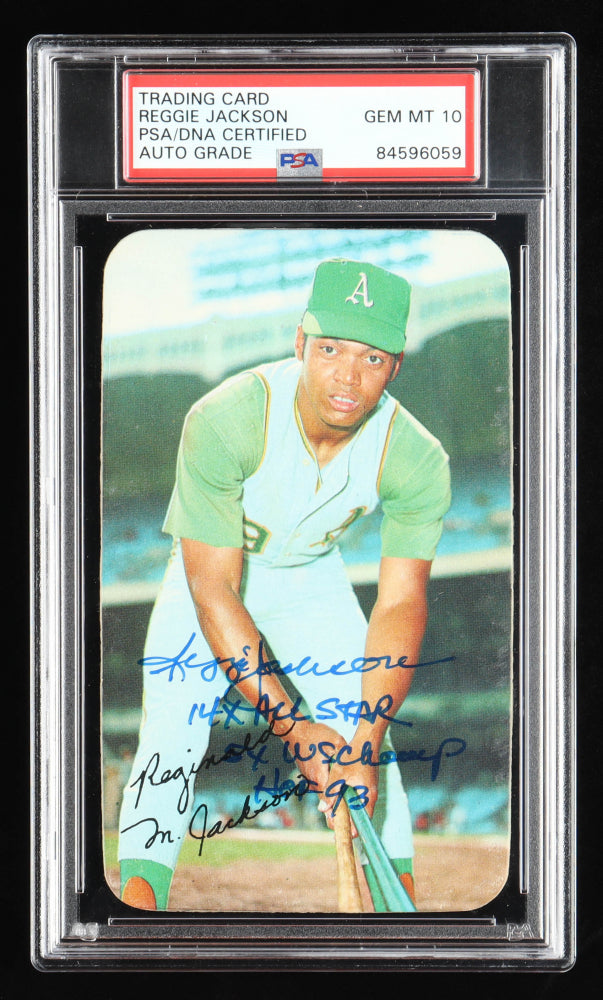 Reggie Jackson Signed 1970 Topps Super #28 with Multiple Inscriptions - Autograph Graded (PSA) 10