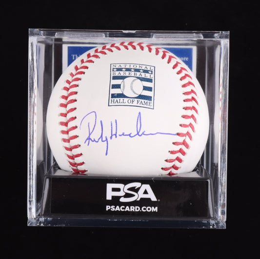 Rickey Henderson Signed OML Hall of Fame Logo Baseball with Display Case (PSA - Graded 10)