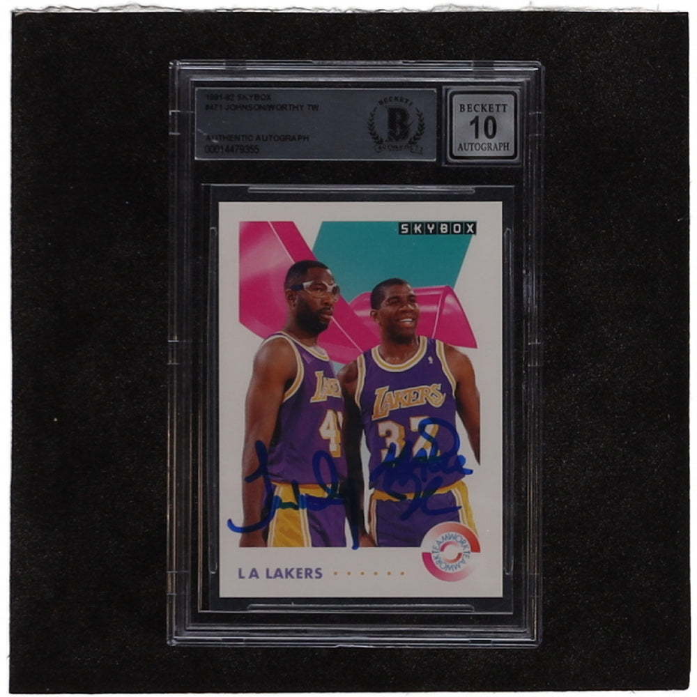 Magic Johnson & James Worthy Signed 1991-92 SkyBox #471 Magic Johnson / James Worthy TW - Autographs Graded BGS 10