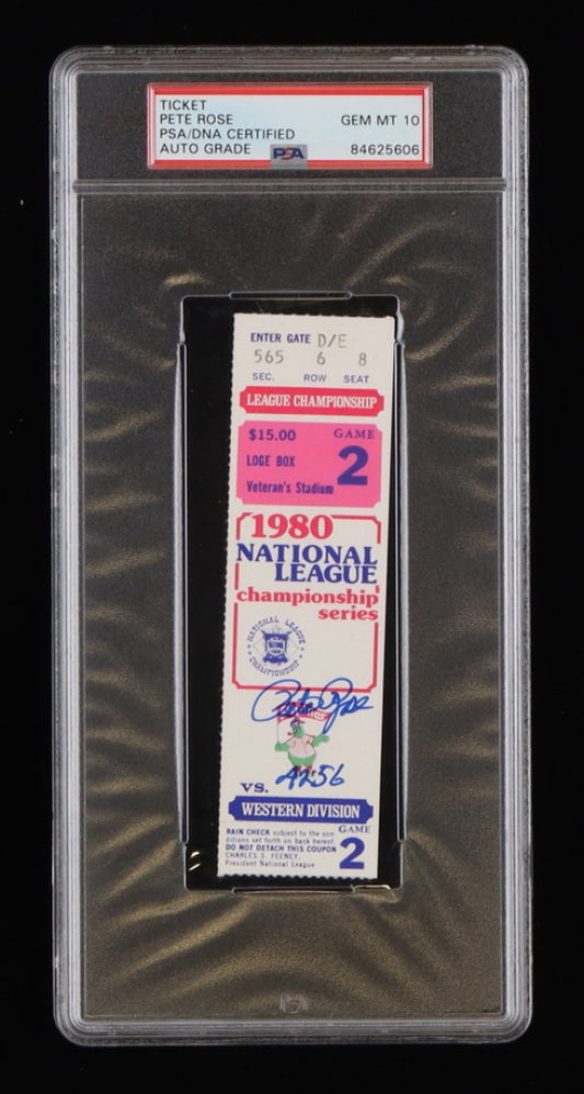 Pete Rose Signed 1980 World Series Game 2 Ticket Inscribed "4256" - Autograph Graded PSA 10