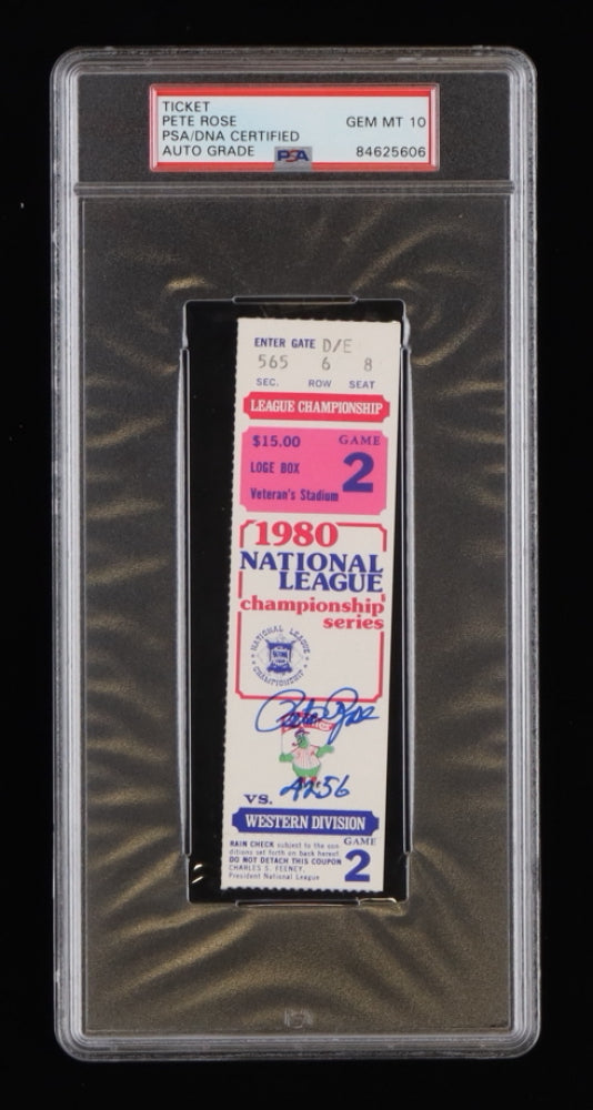 Pete Rose Signed 1980 World Series Game 2 Ticket Inscribed "4256" - Autograph Graded PSA 10