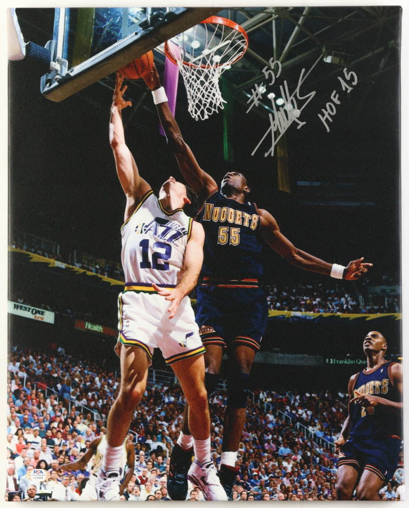 Dikembe Mutombo Signed (PSA) Nuggets 16x20 Canvas Photo Inscribed "HOF 15"