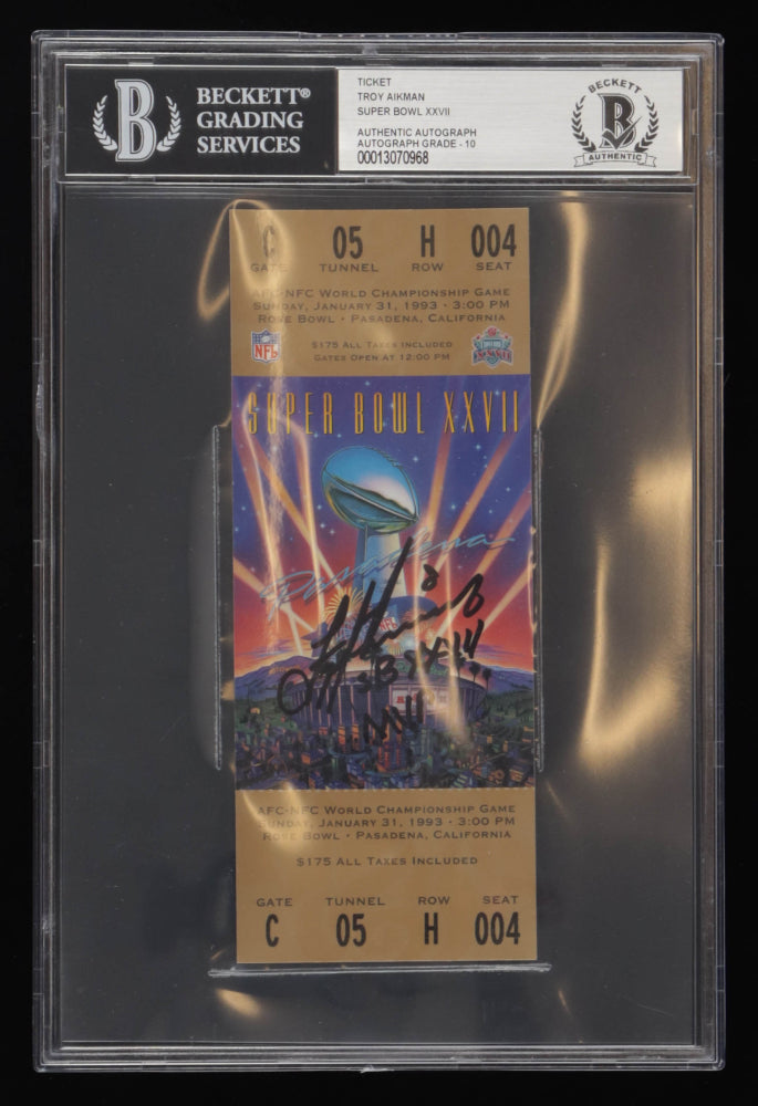 Troy Aikman Signed 1993 Ticket Stub Inscribed "SB XXVII MVP" (BGS & Fantics) Autograph Graded Beckett (BGS) 10