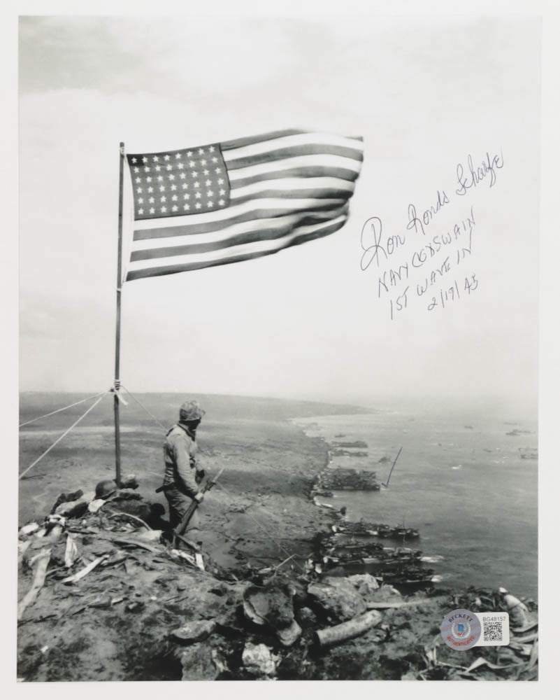 Ron Scharfe Signed (Beckett) WWII 8x10 Photo Inscribed "Navy Coxswain" & "1st W Ave IN"