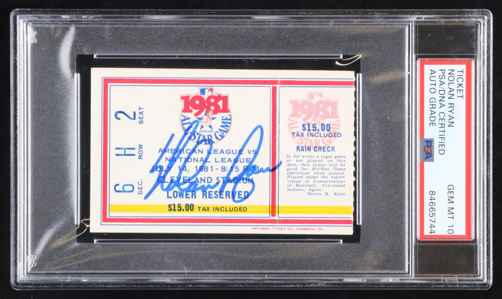 Nolan Ryan Signed 1981 All-Star Game Ticket - Autograph Graded PSA 10