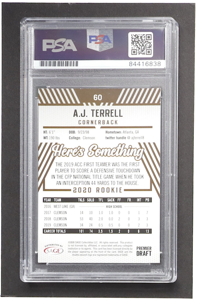 A.J. Terrell Signed 2020 SAGE HIT #60 RC (PSA) Autograph Graded PSA 10