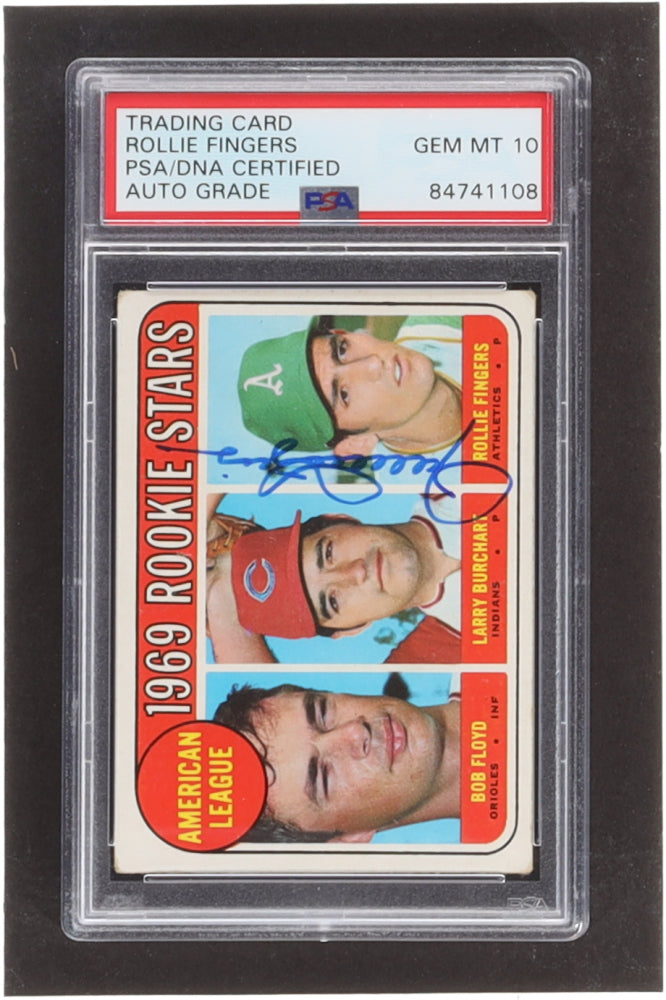 Rollie Fingers Signed Bob Floyd RC / Larry Burchart RC / Rollie Fingers RC 1969 Topps Rookie Stars #597 - Autograph Graded PSA 10 - Rookie Card