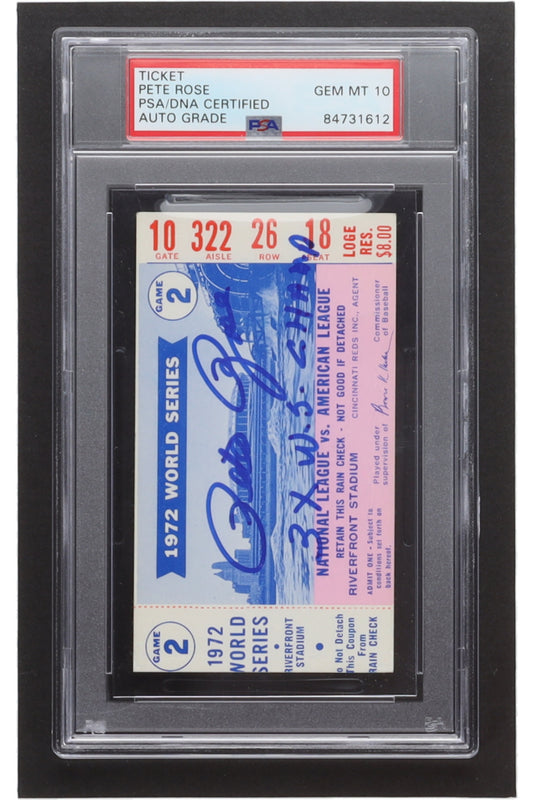 Pete Rose Signed Authentic 1972 World Series Game 2 Ticket Inscribed "3x W.S. Champs" (PSA) Autograph Graded PSA 10