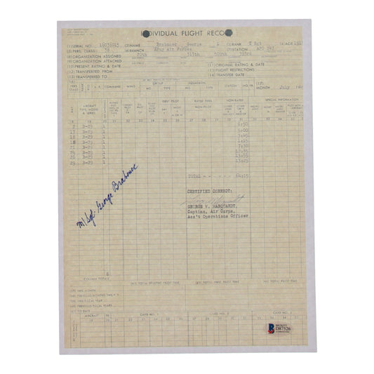 George Brabenec Signed (Beckett) 8.5x11 WWII Flight Record Print - Master Sergeant 393rd Bombardment Squadron - Fight Engineer of the Necessary Evil