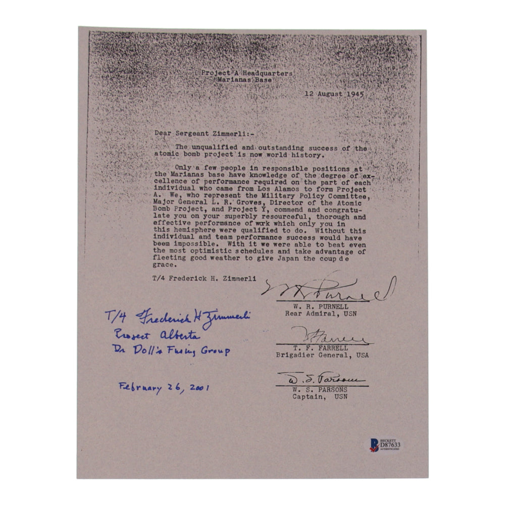 Frederick Zimmerli Signed (Beckett) 8.5x11 WWII Document Copy