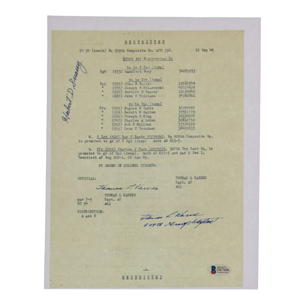 Thomas Karnes & Herbert Swasey Signed (Beckett) 8.5x11 WWII Document Copy