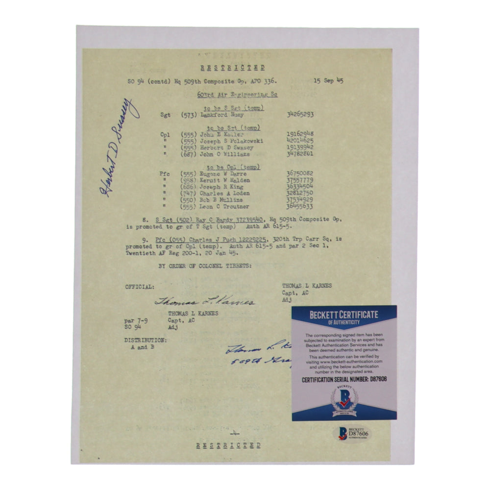 Thomas Karnes & Herbert Swasey Signed (Beckett) 8.5x11 WWII Document Copy