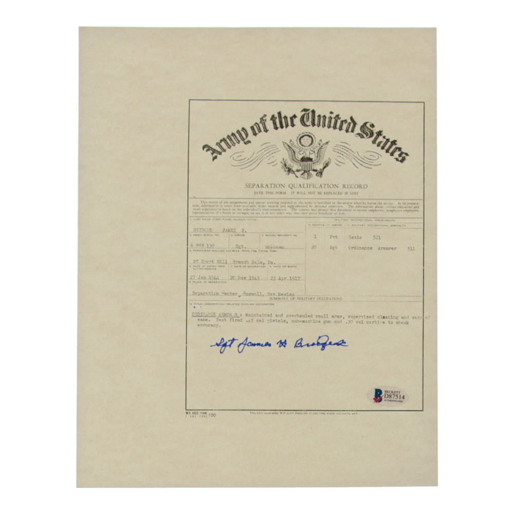 James L. Bridges Signed (Beckett) 8.5x11 Document Copy - Served in the Navy during WWII - USS Arizona - Pearl Harbour- Killed in Action