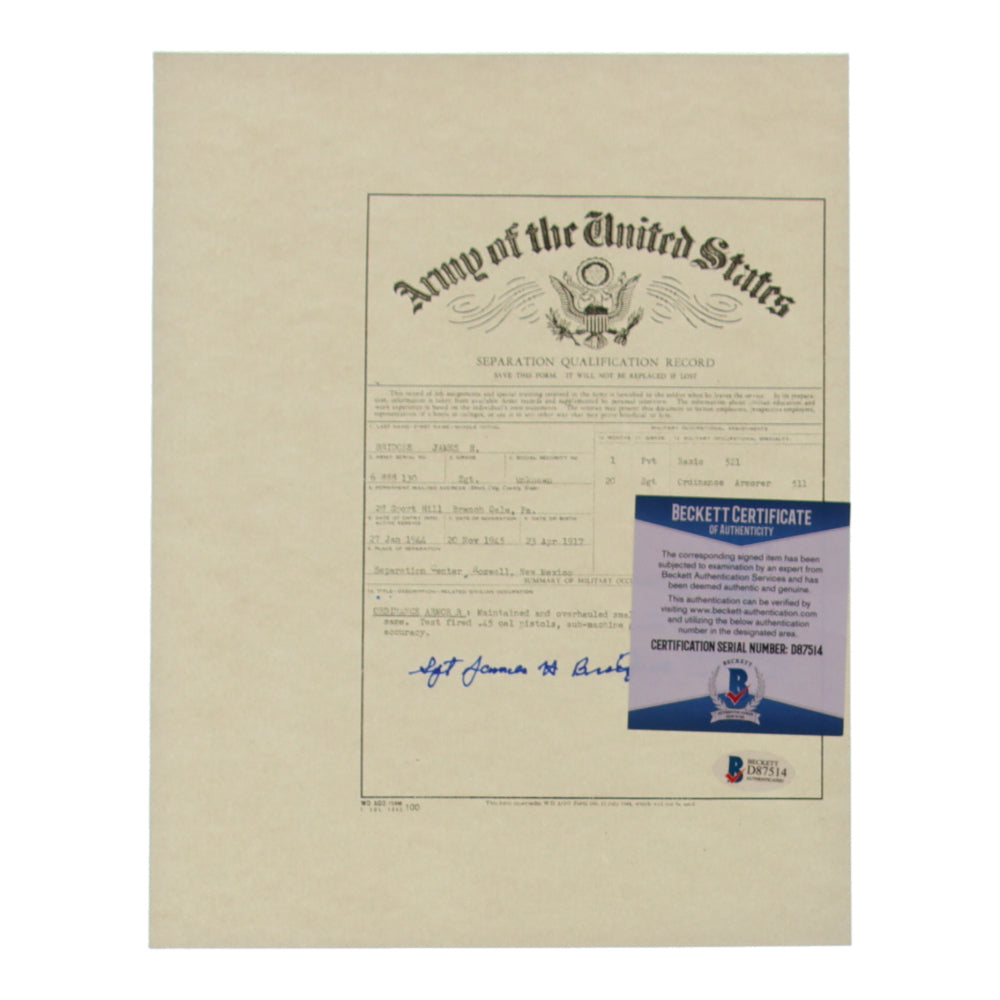 James L. Bridges Signed (Beckett) 8.5x11 Document Copy - Served in the Navy during WWII - USS Arizona - Pearl Harbour- Killed in Action
