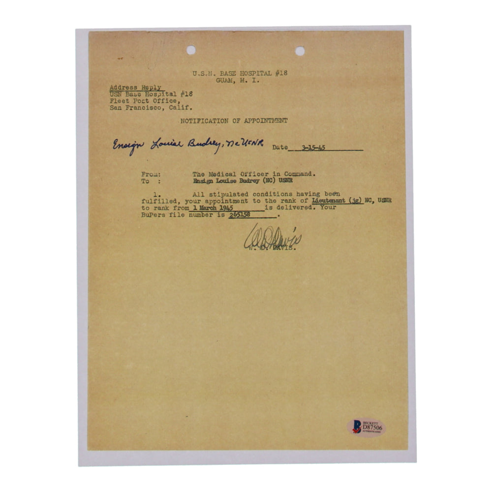 Louise Budrey Signed 8.5x11 WWII Document Copy (Beckett)