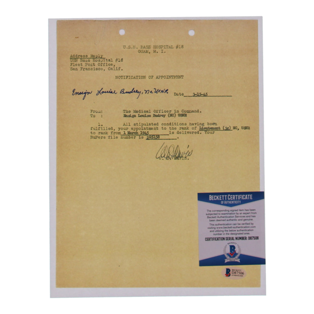 Louise Budrey Signed 8.5x11 WWII Document Copy (Beckett)